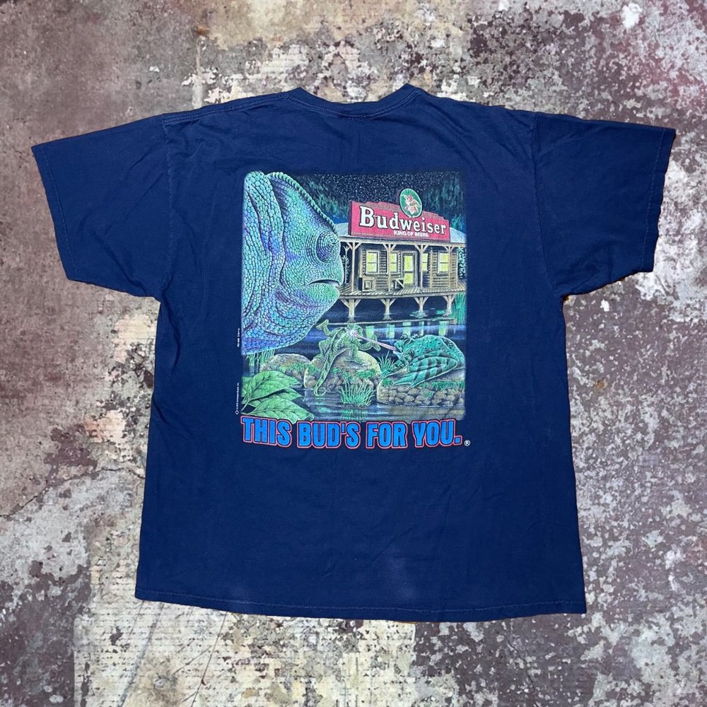 90s Budweiser This Buds For You Green Frog Vintage Beer 1999 Navy Blue T-Shirt